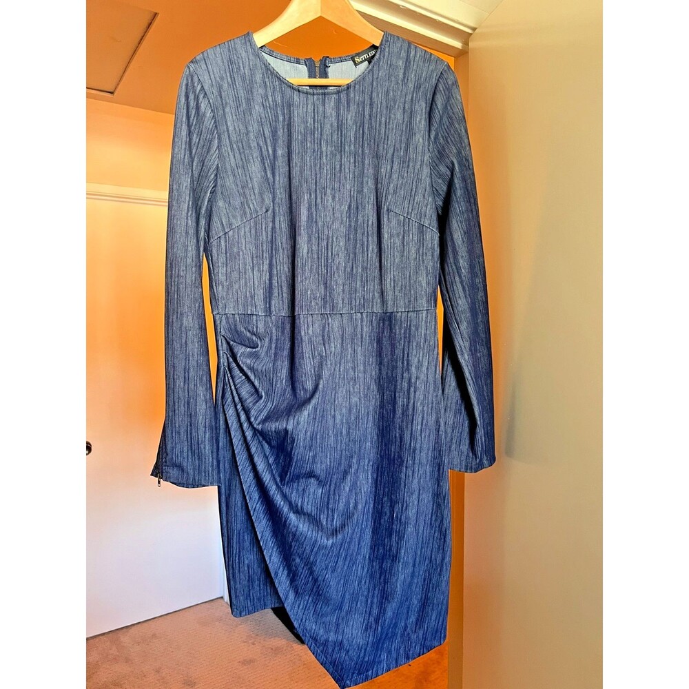 Vintage Y2K Settledown Denim Look Stretch Dress 1XL Blue Zip Back Asymmetrical D